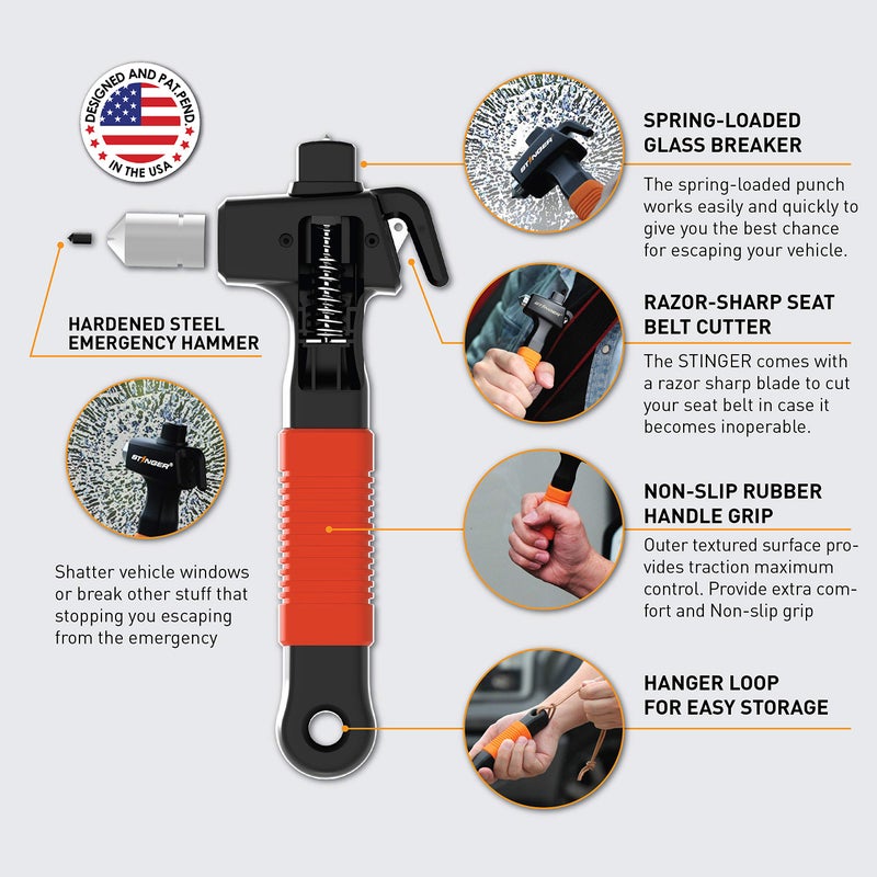 Stinger Super Duty Car Emergency Escape Tool, Hardened Carbon Steel Vehicle Safety Hammer, Spring Loaded Window Breaker, Razor Sharp Seat Belt Cutter, Auto Accident Life-Saving Rescue Tool (Orange) - Image 2